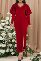 Vestidos retos vermelhos elegantes lisos bipartidos com miçangas e decote em V