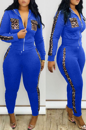 Blå Sexig vuxenmode Patchwork Dragkedja Leopard Print Tvådelad Kostym Penna Långärmad