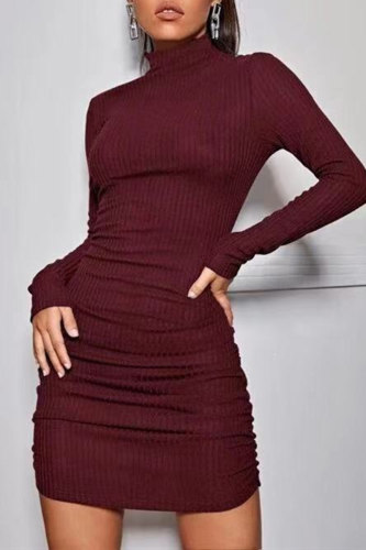 Vinröd Mode Casual Solid Basic långärmade klänningar med turtleneck