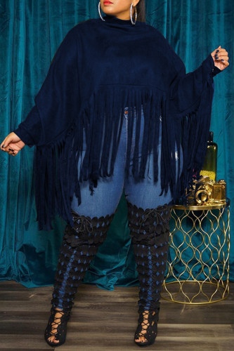 Top azul escuro moda casual borla lisa com gola alta tamanho grande