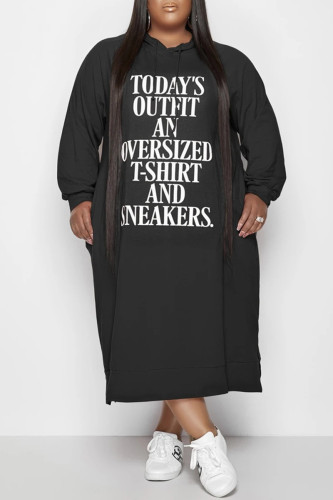 Vestidos pretos moda casual com estampa de letra básica gola com capuz manga longa plus size