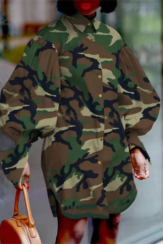 Armégrönt Mode Casual Camouflage Print Basic Turndown-skjortaklänning
