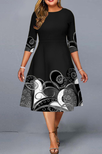 Black Fashion Casual Print Basic O Neck Plus Size Dresses