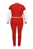 Pantalon de cardigan à patchwork décontracté à la mode rouge O Neck Plus Size Two Pieces