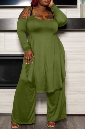 Army Green Fashion Casual Solid rygglös Asymmetrisk Off the Shoulder Plus Size Two Pieces