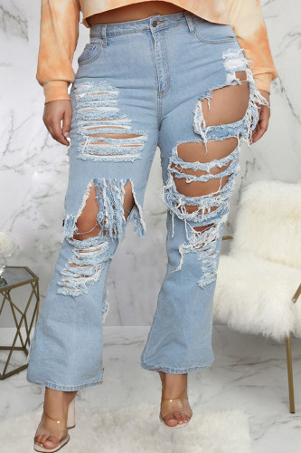 Babyblått Mode Casual Solid Ripped Mid Waist Vanliga jeans