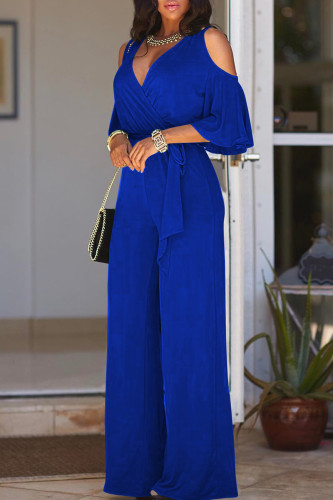 Macacão azul royal fashion casual sólido vazado com decote em V regular