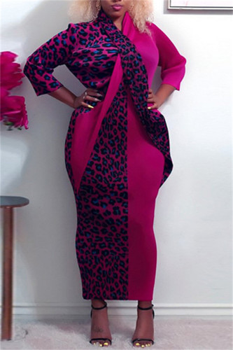 Rose Red Mode Print Leopard Patchwork V-hals Långärmad Plus Size Klänningar