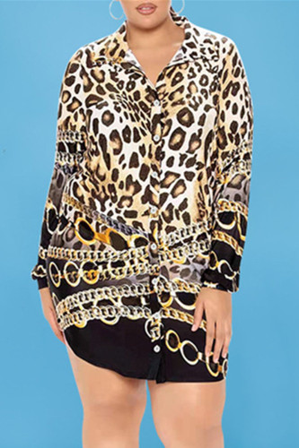 Vestido de camisa com estampa de leopardo moda casual plus size estampa básica gola aberta