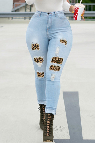 Jeans skinny strappati a vita alta strappati leopardati casual alla moda blu baby