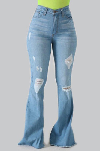 Babyblå Casual Street Solid Ripped Split Joint High Waist Denim Jeans