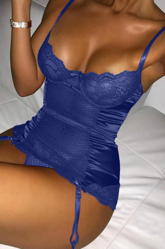 Blue Fashion Sexy Solide Creusé Transparent Dos Nu Lingerie