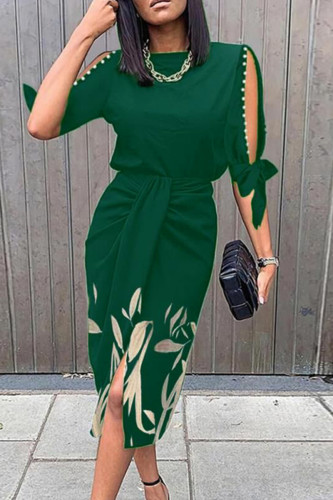 Grönt mode avslappnat tryck ihåliga klänningar med vik o-ringning