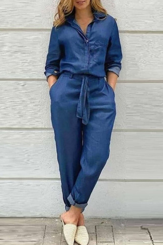 Tute di jeans dritte a maniche lunghe con colletto rovesciato con fibbia patchwork casual blu