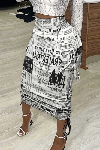 Vit Mode Casual Print Draw String Vanliga kjolar med hög midja