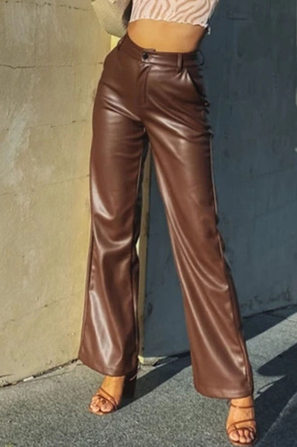 Calças retas retas de cintura alta retas de juntas divididas marrom casual sólidas cor sólida