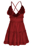 Wine Red Sleeveless V Neck Knee-Length Patchwork Stringy Selvedge Solid Draped Backless Ruffle Dresses