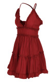 Wine Red Sleeveless V Neck Knee-Length Patchwork Stringy Selvedge Solid Draped Backless Ruffle Dresses