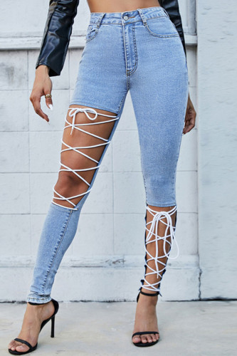 Calça jeans skinny cintura alta sexy street curativo sólido vazado conjunto cintura alta