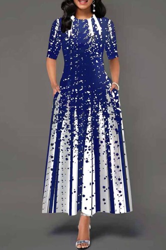 Blå Mode Casual Print Basic O-hals lång klänning