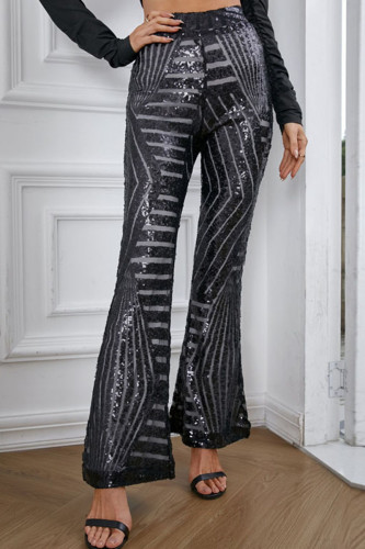 Pantaloni neri patchwork con altoparlante a vita alta con taglio a stivaletto con paillettes da strada sexy neri
