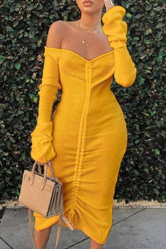 Yellow Fashion Sexy Solid Draw String Frenulum Backless Off the Shoulder Long Sleeve Dresses