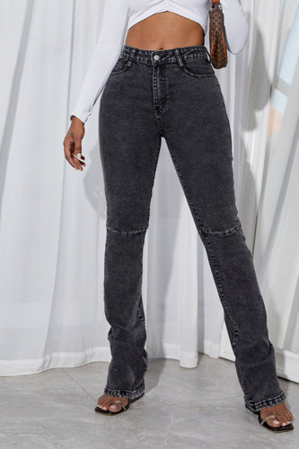 Jeans jeans preto cinza casual sólido com fenda com fenda de cintura alta e reto