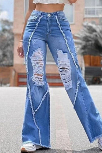 Jeans in denim regolare a vita alta con spacco strappato casual alla moda blu