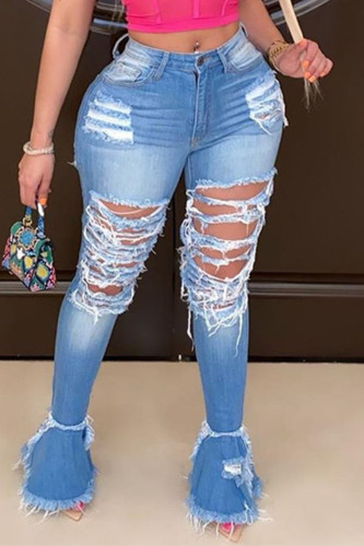Jeans jeans azul escuro fashion casual rasgado de cintura alta com corte de bota