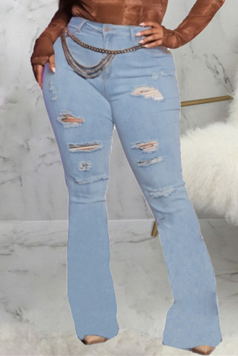 Jeans denim normali a vita alta strappati casual alla moda blu baby (senza catena in vita)