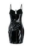 Black Fashion Sexy Solid Hollowed Out Backless Spaghetti Strap Sleeveless Dress