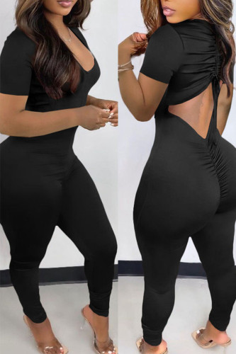 Black Sexy Solid Split Joint Backless V Neck Regular Jumpsuits