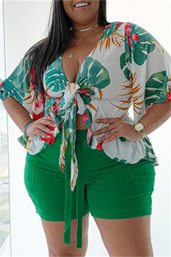 Faixa Verde Moda Casual Estampado Decote V Plus Size Duas Peças