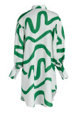 Blanc Vert Fashion Striped Print Split Joint Buckle Turndown Collar Shirt Dress Robes