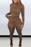 Brown Fashion Sexy Solid Ripped See-through Turtleneck Long Sleeve Two Pieces