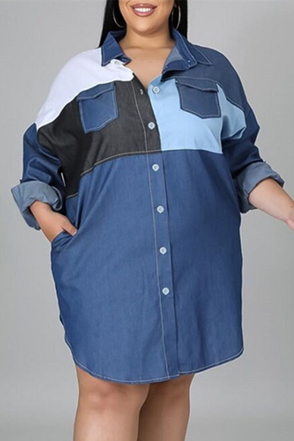Robe chemise à col rabattu à la mode décontractée bleu marine