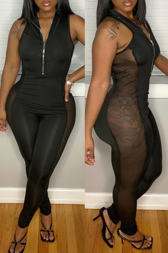 Black Sexy Casual Solid Split Joint See-through Zipper Collar Skinny Jumpsuits