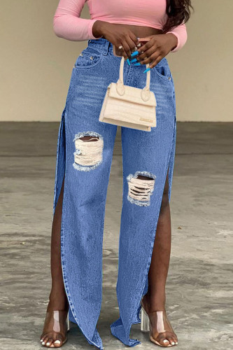 Blue Sexy Street Solid Ripped Patchwork Slit High Waist Denim Jeans