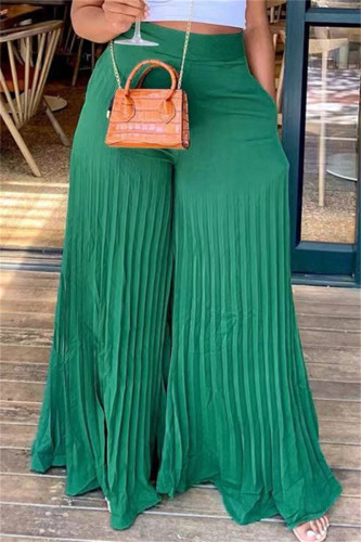 Calças largas de cintura alta casual verde moda com dobra sólida regular