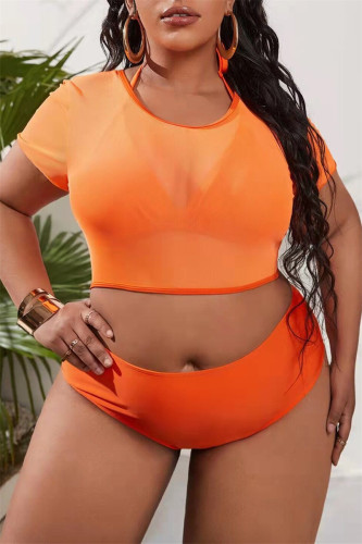 Conjunto de três peças de roupa de banho laranja fashion sexy sólido transparente com decote em O tamanho grande