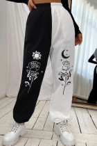 Calças de cintura alta com estampa casual preta e branca moda casual com estampa dividida