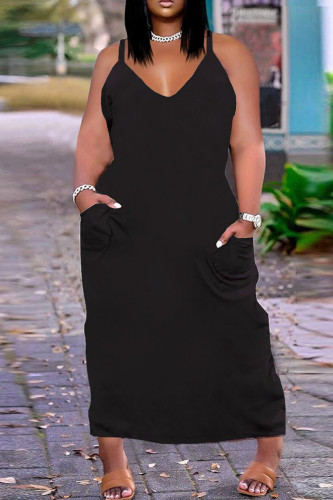 Vestido longo preto sexy casual plus size com alça de espaguete com bolso