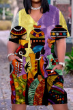 Robes droites multicolores décontractées à col en V et patchwork d'impression de rue