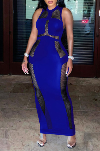 Deep Blue Sexy Solid See-through O Neck One Step Skirt Club Dress For Vegas