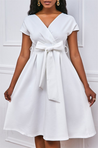 Vestido casual fashion branco sólido com cinto decote em v manga curta