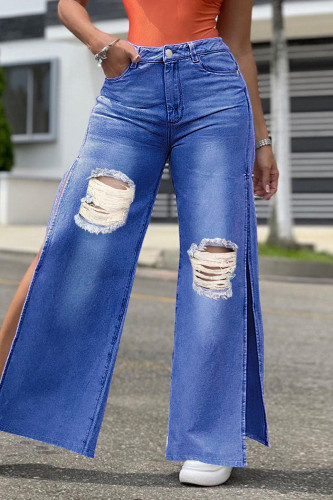 Jeans jeans moda casual azul escuro com fenda rasgada e cintura alta regular