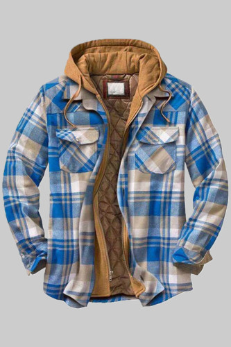 Sky Blue Fashion Casual Plaid Split Joint Hooded Collar Outerwear