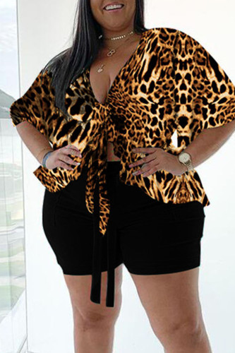 Estampa de Leopardo Estampa Sexy Bandagem Dividida Articulação Assimétrica decote em V Plus Size Duas Peças