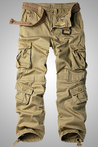 Khaki Casual Solid Split Joint Pocket Straight Straight Solid Color Pants
