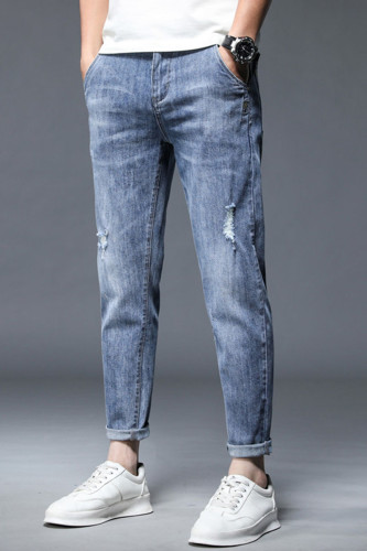 Jeans jeans azul casual rasgado make old split joint cintura média